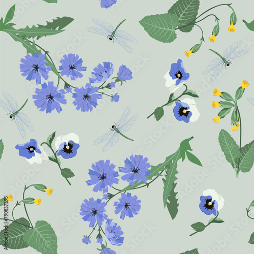 Seamless vector illustration with field blue flowers.