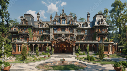 A grand Victorian hotel with a sweeping veranda, decorative gables, and a porte-cochere leading to an elaborately carved entrance.