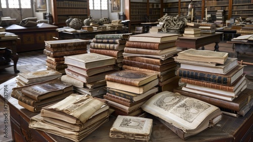 Lots of old books in the library photo