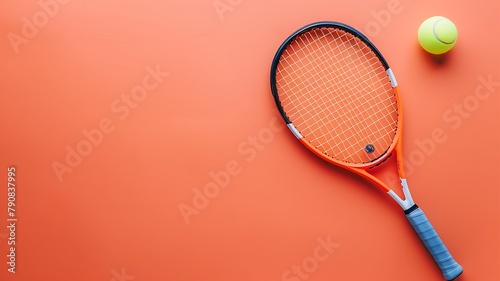 tennis racket and ball with orange colour background © SA Studio