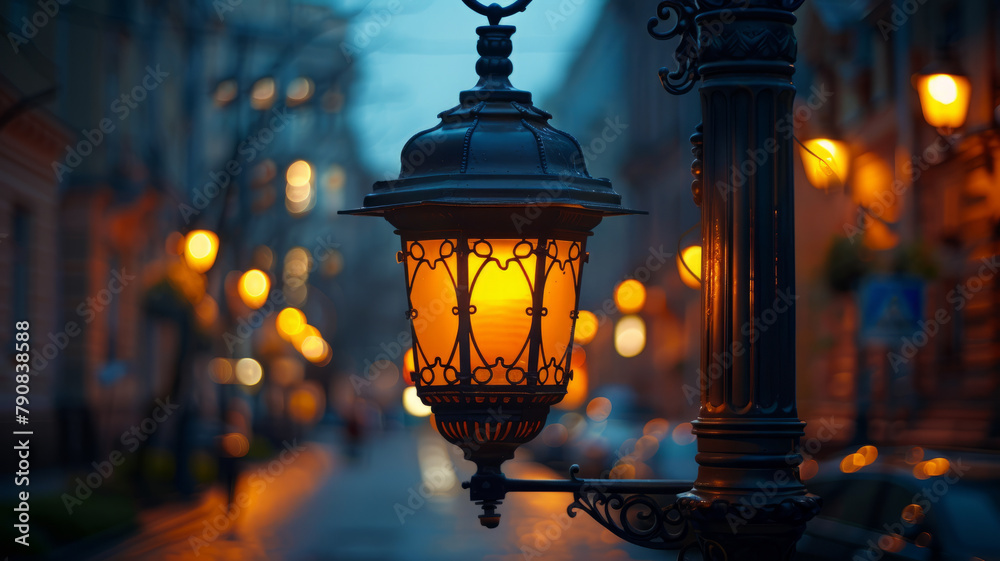 A vintage streetlight at dusk in the city