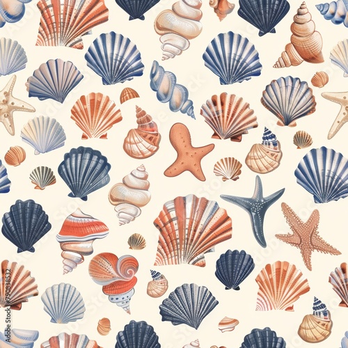 Seashells and Starfish Pattern on White Background