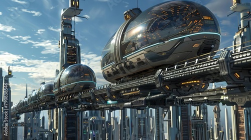Fusionpowered levitating monorail skytrams interconnecting orbiting megastructures and space habitats photo