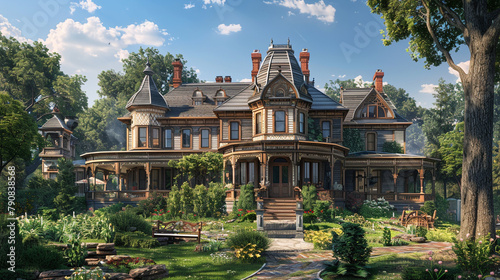 A stately Victorian house with intricate gingerbread trim and a grand wraparound porch  set against a backdrop of lush gardens.
