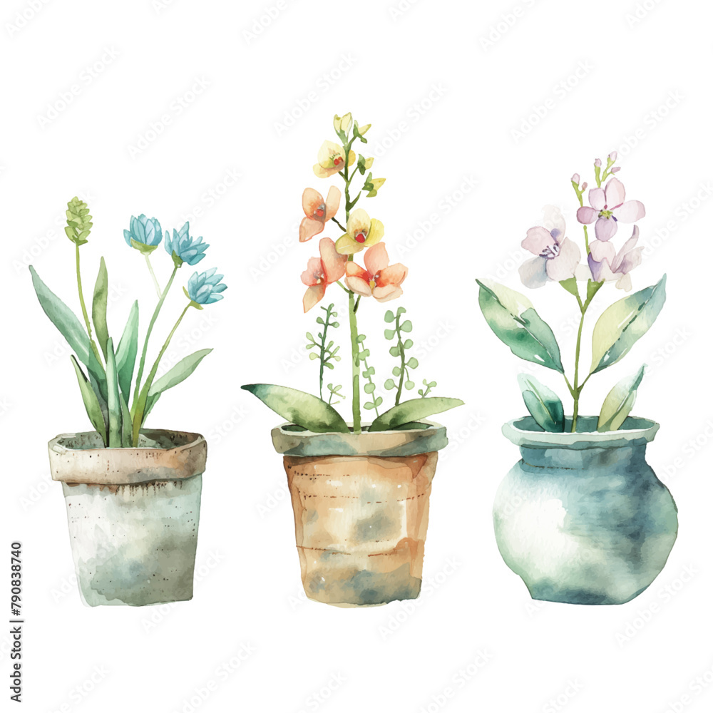 Vibrant watercolor floral illustrations arranged in pots. Hand-drawn vectors against a white background. Ideal for creating bouquets, wreaths, and exquisite wedding invitations.