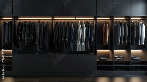A black closet with many clothes hanging on the racks
