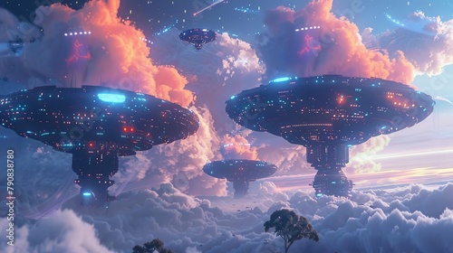 A science fiction scene on an alien world, where colossal cumulonimbus clouds are formed from the blinking lights and holographic interfaces of gigantic alien server structures photo