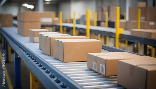 Cardboard boxes on a conveyor belt in a warehouse © nizar