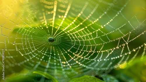 Intricate Nature: Dewy Spider Web Close-Up, generative ai