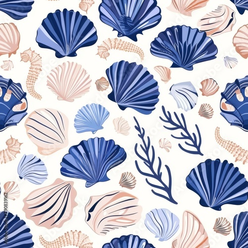 Seashells and Corals Pattern on White Background