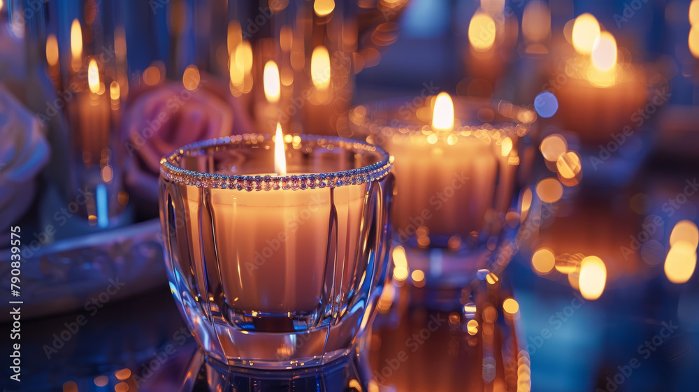 Close-up of lit candles in elegant holders. Close-up of lit candles in elegant holders.