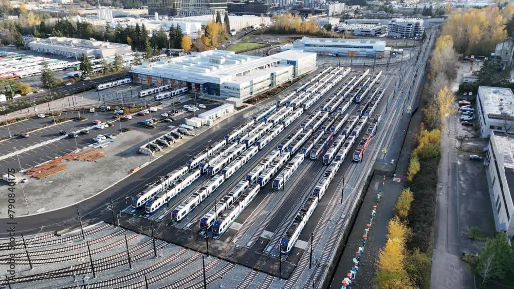 Aerial view of the light-rail cars parked at the train maintenance base in Bellevue city, WA, USA Aerial view of the light-rail cars parked at the train maintenance base in Bellevue city, WA, USA