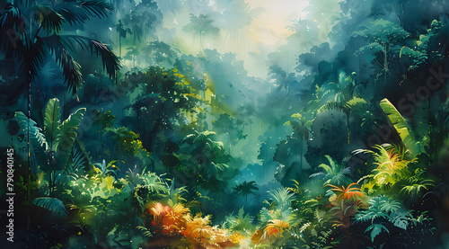 Verdant Tapestry: A Watercolor Portrait of Biodiversity in the Rainforest Canopy