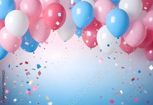 Colorful balloons in pink  blue  and white floating against a blurred background with confetti  creating a festive and celebratory