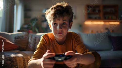 Young kid playing video games at home © Mechastock