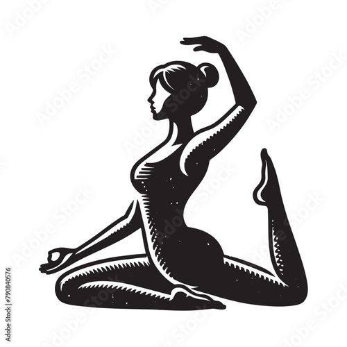 Woman gymnast. Vector black illustration. Vintage old engraving emblem, icon, logo. isolated object, cut out