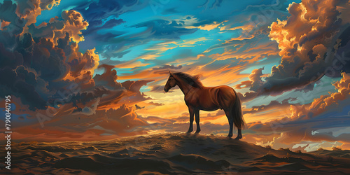A brown horse standing on top of a sandy beach colorful majestic sunset blue sky background, Beautiful pony with a beautiful sunset in the distance, Horse s head in sunset s glow. silhouette concept 