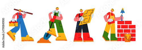 Characters builders workers in helmets. Cartoon repair service workers, engineers, repairmen, industrial workers in uniform with tools. Vector set of mascots in comic doodle style