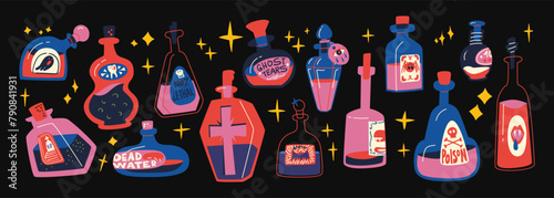 Cartoon bottles with magic potion. Alchemical drink magic jars, flasks, spells, poison, elixir, antidote. Halloween witch drinks in retro acid groovy funky cartoon style