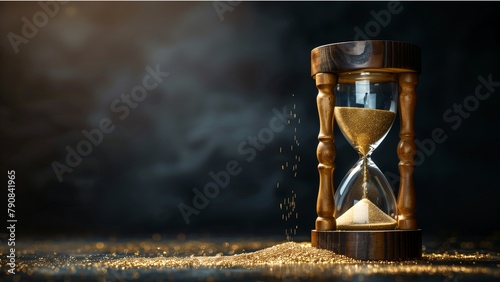 hourglass with sand, a classic hourglass on a dark background. The hourglass has a wooden frame with elegant which contain golden sand