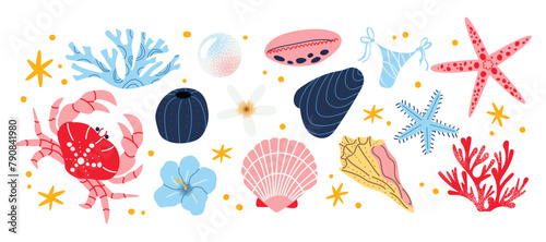 Cartoon seashells. Sea beach inhabitants, crab, mollusks, corals, ocean exotic starfish. Vector retro nautical pattern. Modern trendy flat illustration