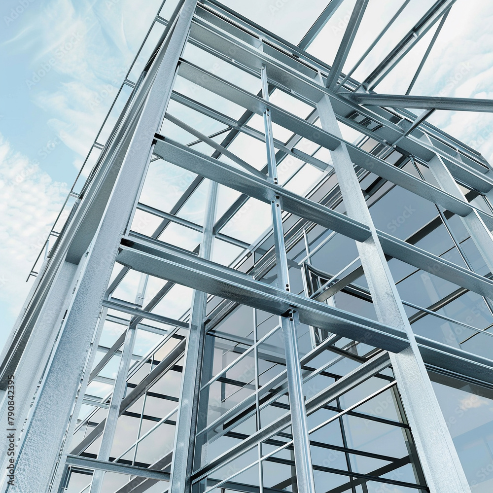3D view of a futuristic building's skeleton, close-up on the steel frame. 3D view of a futuristic building's skeleton, close-up on the steel frame.