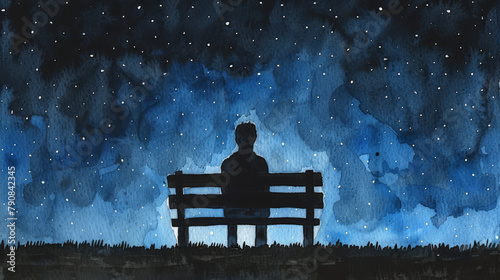 Person Sitting on Bench at Night photo