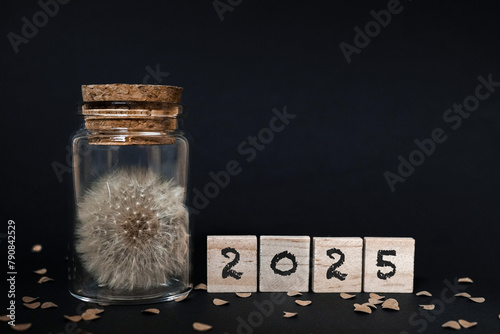 Pusteblume in einem Glas mit Korkdeckel vor schwarzem Hintergrund, aufgestellte Spielsteinen aus Holz, 2025 darauf geschrieben, Konfetti aus Naturpapier,, horizontal