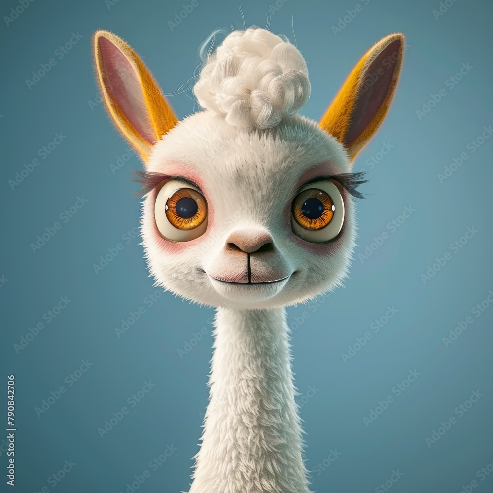 Fototapeta premium Cute Cartoon Llama Character with Big Eyes and Playful Expression, Three-Dimensional Illustration 