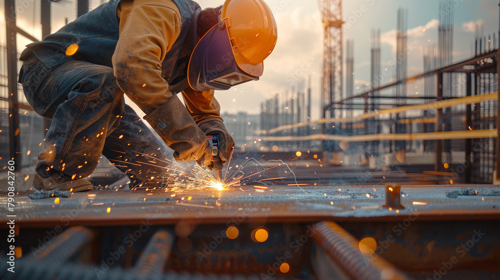 Close-up 3D view of a working man's hands as he welds steel beams on a construction site, sparks flying. Close-up 3D view of a working man's hands as he welds steel beams on a construction site, sparks flying.