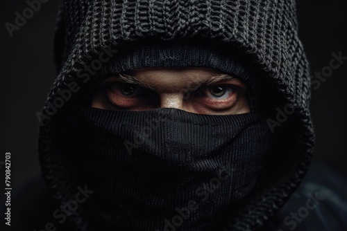 Dangerous Burglar in Black Ski Mask: Man Wearing Balaclava for Crime and Theft