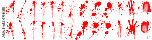 Assorted Red Paint Realistic Blood Splatters, and Handprints Collection. Vibrant set of red paint splatters and handprints, ink drips perfect for bold backgrounds and graphic elements. Vector