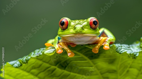 Vibrant Green Tree Frog Sitting on a Lush Leaf, Nature Close-up. Stunning Wildlife Photograph Perfect for Educational and Editorial Use. AI