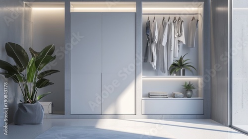 A white closet with a plant in a pot on the floor