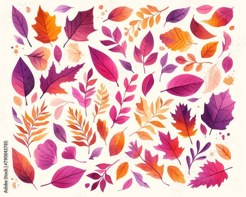 A vibrant illustration of Blewits among autumn leaves, purplish hues blending with fall colors, white background, vivid watercolor, 100 isolate