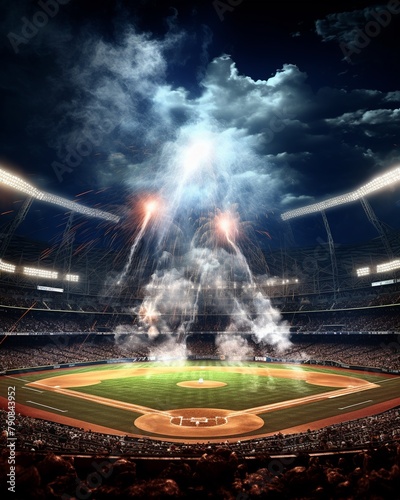 A baseball game in full swing captured in 3D CG, stadium lights bright, showing the dynamic movement and competitive spirit, high resolution ,ultra HD,digital photography