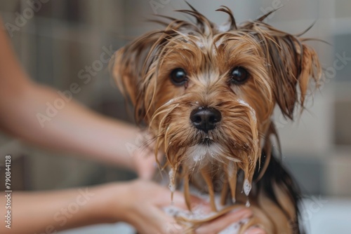 female groomer brushing dog at grooming salon, ai generated