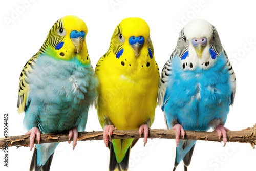 Family of Small Budgies - Yellow and Blue Lovebirds Parakeet Parrot Bird Isolated on Roost photo
