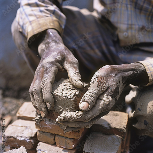 Half-body shot of a man layering bricks with mortar, close-up on his hands and the strain in his shoulders.