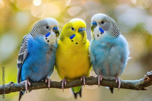 Family of Three Budgies: Lovebirds and Budgerigar Parakeet in Isolated Setting - Small Parrot in Blue and Yellow  photo