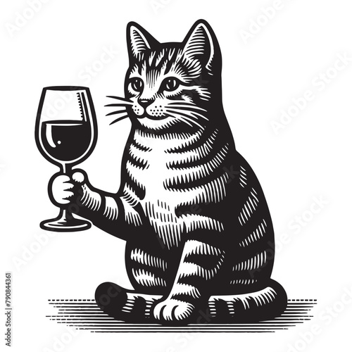 Cute cat with a glass of wine. Vintage engraving illustration, emblem, isolated object, print