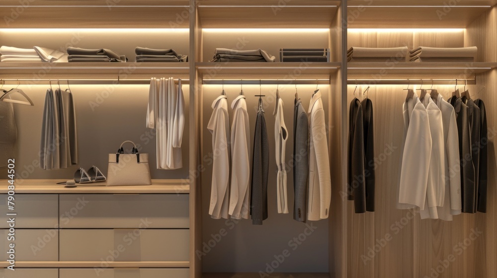 A well-organized closet with a variety of clothing items