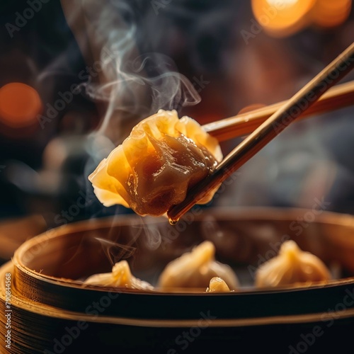 Closeup of a pair of chopsticks lifting a delicate dumpling from a bamboo steamer, highlighting the steam and detail, in a traditional dim sum restaurant