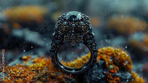 Enigmatic Charm: Gothic Black Ring on Stone and Moss, generative ai