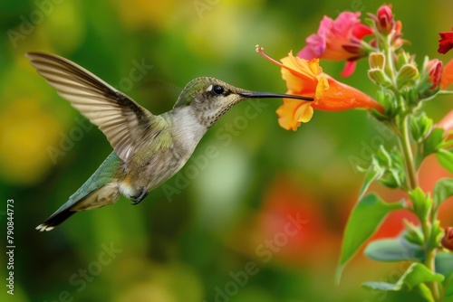 Graceful Hummingbird Drinking Nectar from Colorful Flower in Nature's Wonderland photo