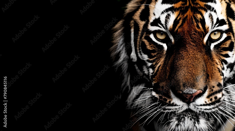 Naklejka premium Majestic Tiger Portrait on Black Background. Wildlife Photography. Powerful Stare of Wild Tiger. Bold Animal Wallpaper. AI