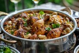 Large Pot Dum Chicken Biriyani - A Giant Aluminum Pot Full of Flavorful Cooking, Cashews, and Dried Fruits