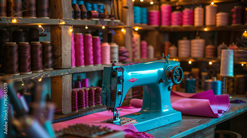 Vintage sewing nook, a neon blue sewing machine stitching strawberry pink fabric, surrounded by shelves of dark chocolate-colored thread spools.