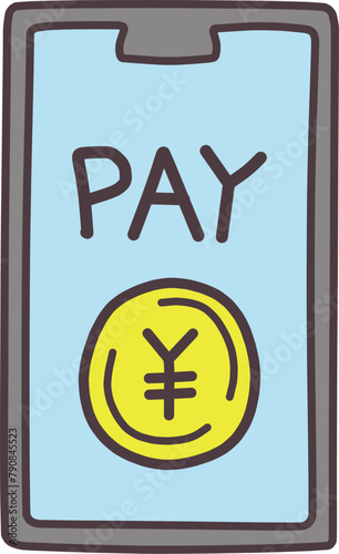 スマホの画面にPEYという文字と日本円のマークが書かれたコインが表示されているシンプルなイラスト