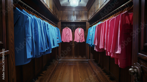 Vintage tailor's shop with rows of neon blue suits and strawberry pink dresses, each piece telling a story, framed by dark chocolate wood paneling.